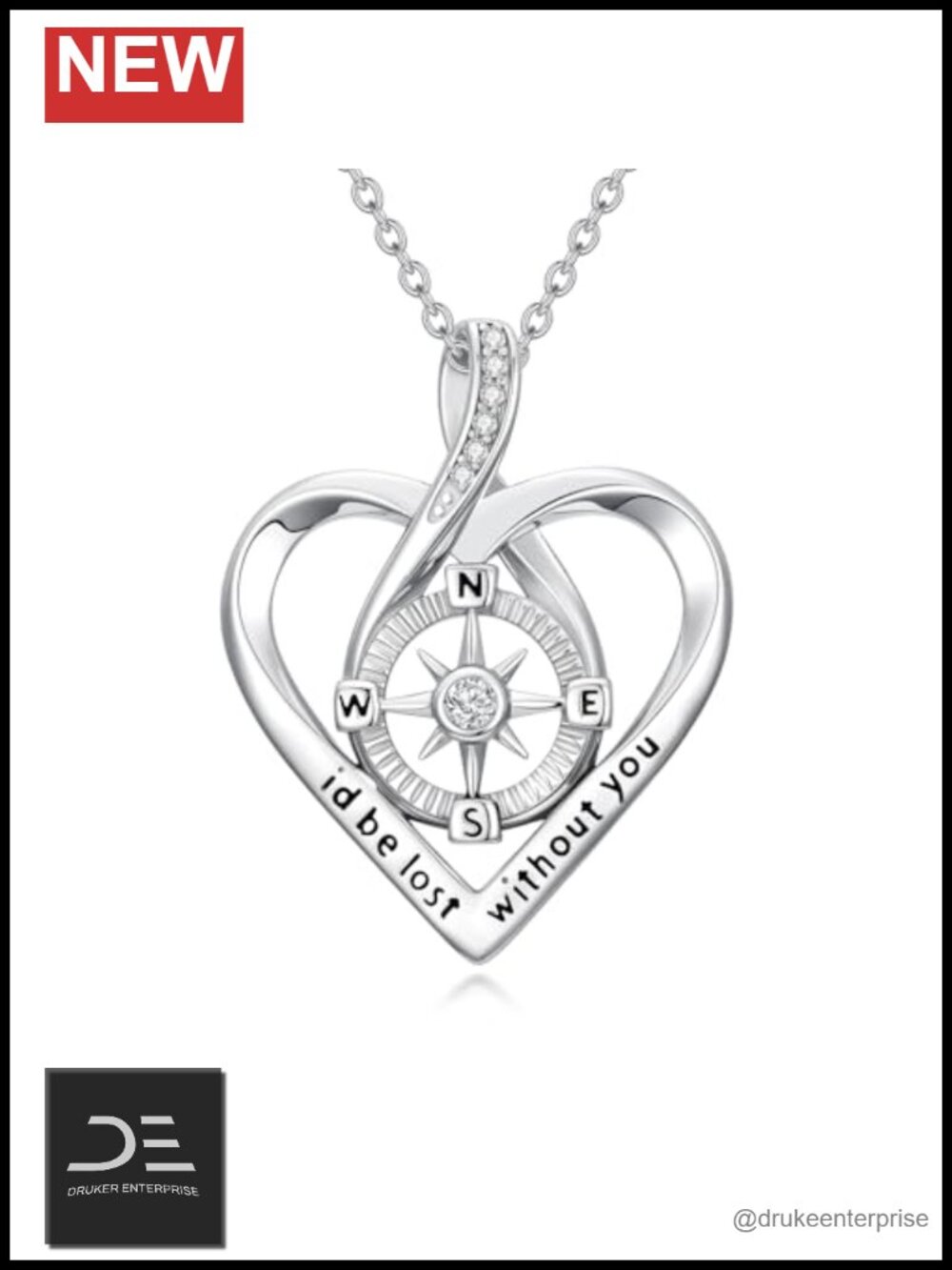Natural Diamond Compass Necklace 925 Sterling Silver 18k White Gold Plated